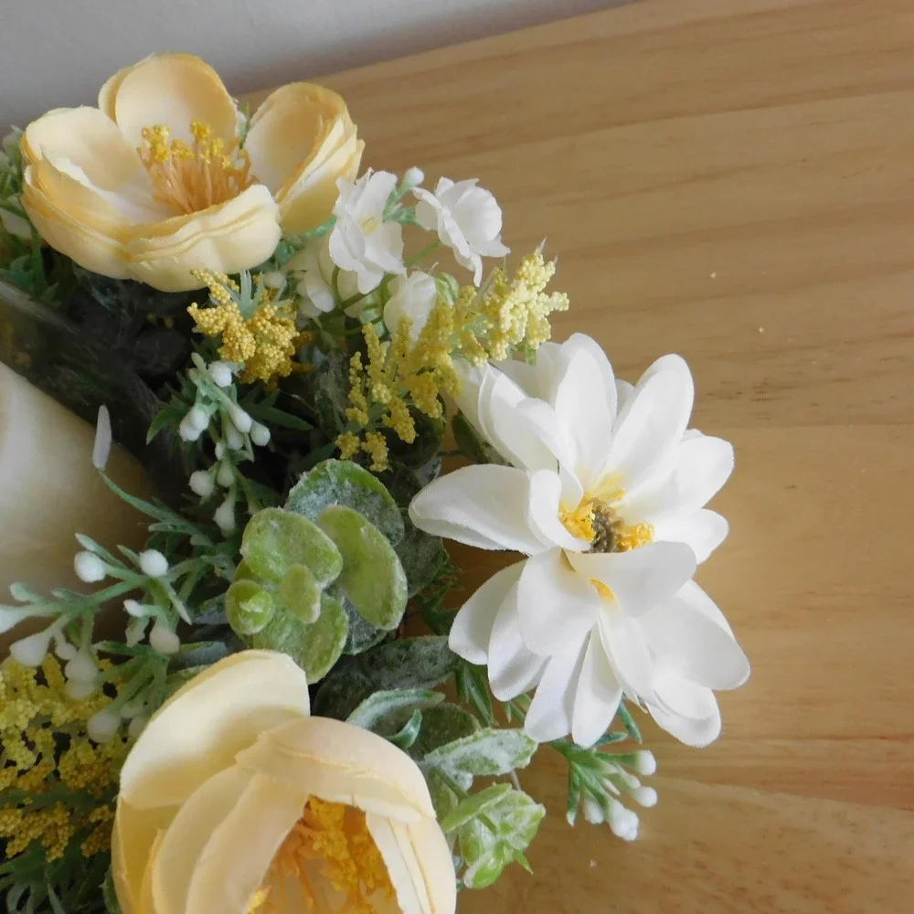 Yellow and White Floral Wreath, 11 Inch Candle Ring Centerpiece